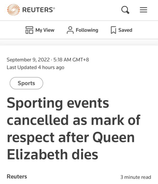 英国女王逝世引发体育赛事暂停与默哀